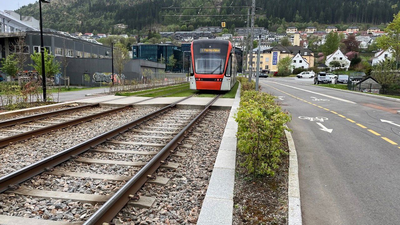 Bilete syner ein Bybane som køyrer i sporet på Mindemyren. Sporet er ramma inn av kvit kantstein som markerer kor bana går. Langs bana er det ein hekk som skal hindre at folk kryssar sporet der ein ikkje skal.