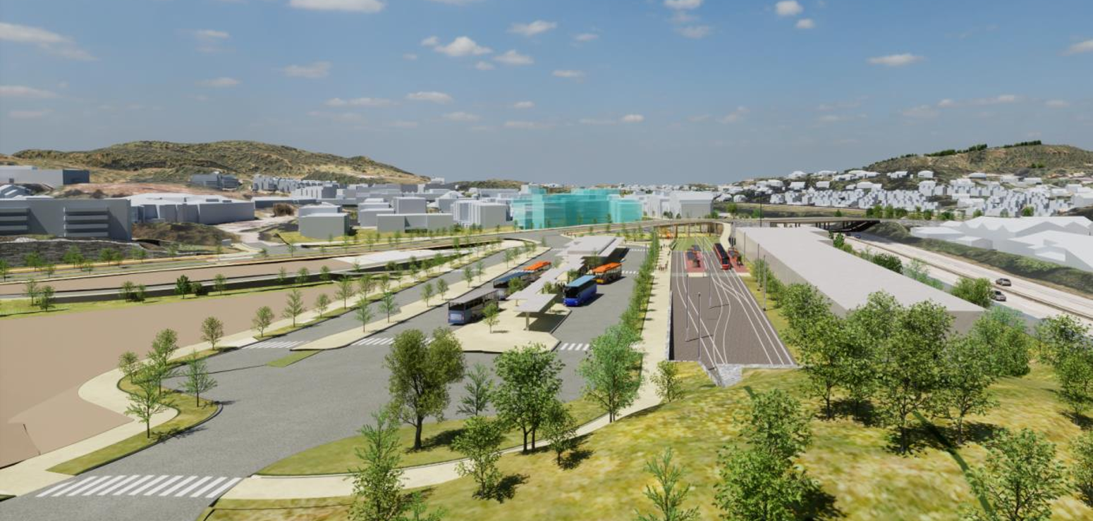 Bilder syner ei skisse frå kollektivknutepunkt i Åsane med bybane og buss