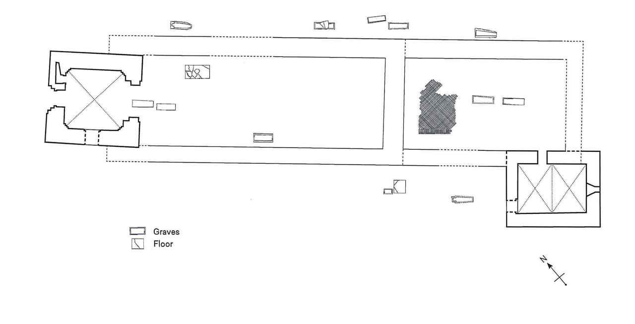 En skisse som viser oversikt over kirkegulvet slik det var fra 1100-tallet