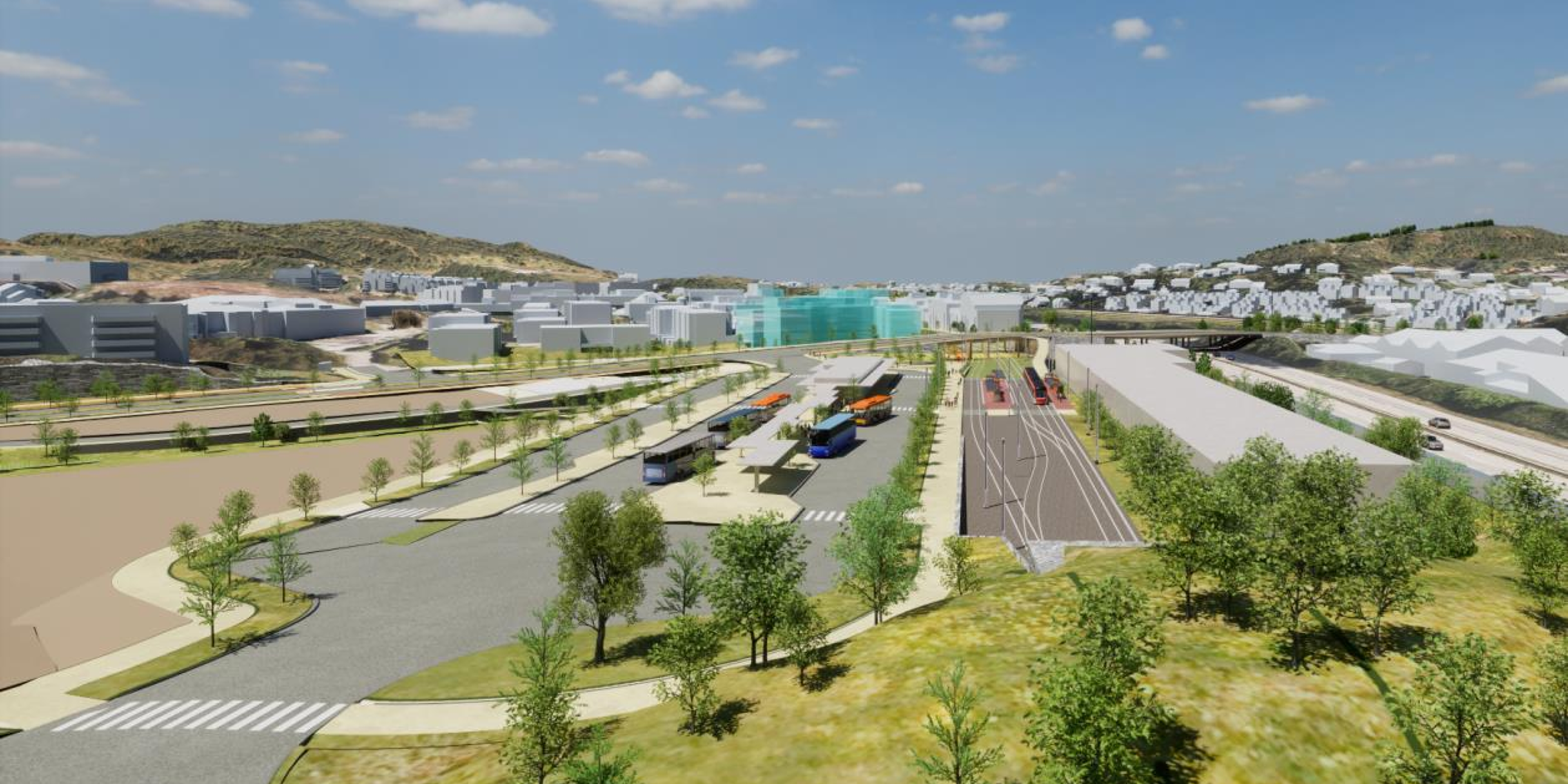 Biletet er ein illustrasjon henta frår reguleringsplanen for bybanen til Åsane. Til venstre er ein stor åpen bussterminal, til høgre er det planlagde bybanestoppet.