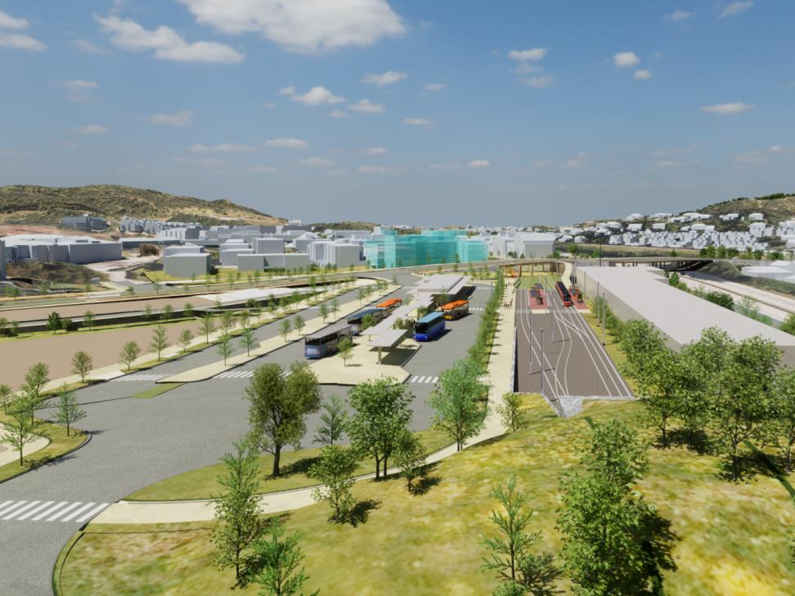 Illustrasjonen frå Bergen kommune sin reguleringsplan syner planlagd bybanehaldeplass og ny bussterminal ved Åsane terminal. Illustrasjon: Bergen kommune 2022